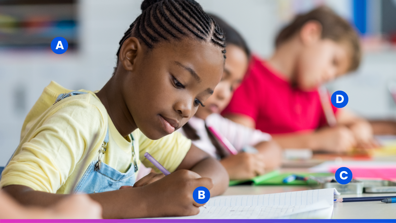 Nesta imagem aparecem três crianças, de diferentes raças e cores, escrevendo em cadernos e em diversos pontos da imagem estão inseridas as letras A, B, C e D, que se referem: Letra A) “Dificuldades na aprendizagem e no uso das habilidades acadêmicas, conforme indicado pela presença de ao menos um dos sintomas a seguir que tenha persistido por pelo menos 6 meses, apesar da provisão de intervenções dirigidas a essas dificuldades”. Prejuízo na leitura. Prejuízo na expressão escrita. Prejuízo na matemática. Letra B) “As habilidades acadêmicas estão substancial e quantitativamente abaixo do esperado para a idade cronológica do indivíduo, causando interferência significativa no desempenho acadêmico ou profissional ou nas atividades cotidianas, confirmada por meio de medidas de desempenho padronizadas administradas individualmente e por avaliação clínica abrangente. Para indivíduos com 17 anos ou mais, história documentada das dificuldades de aprendizagem com prejuízo pode ser substituída por uma avaliação padronizada.” Letra C) “As dificuldades de aprendizagem iniciam-se durante os anos escolares, mas podem não se manifestar completamente até que as exigências pelas habilidades acadêmicas afetadas excedam as capacidades limitadas do indivíduo (p. ex., em testes cronometrados, em leitura ou escrita de textos complexos longos e com prazo curto, em alta sobrecarga de exigências acadêmicas).” Letra D)“As dificuldades de aprendizagem não podem ser explicadas por deficiências intelectuais, acuidade visual ou auditiva não corrigida, outros transtornos mentais ou neurológicos, adversidade psicossocial, falta de proficiência na língua de instrução acadêmica ou instrução educacional inadequada”.