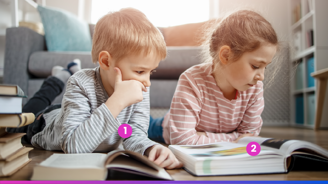 Nesta imagem aparecem duas crianças, um menino e uma menina fazendo a leitura de dois livros. Sobre os livros estão os números 1 e 2 e neles estão escritos: Número 1:”Leitura de palavras de forma imprecisa ou lenta e com esforço (p. ex., lê palavras isoladas em voz alta, de forma incorreta ou lenta e hesitante, frequentemente adivinha palavras, tem dificuldade de soletrá-las)” (DSM-5, APA, 2014, seção 2, p. 02). Número 2: “Dificuldade para compreender o sentido do que é lido (p.ex. pode ler o texto com precisão, mas não compreende a sequência, as relações, as inferências ou os sentidos mais profundos do que é lido)” (DSM-5, APA, 2014, seção 2, p. 02).