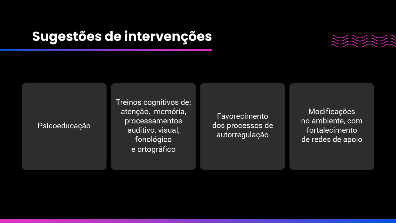 Essa imagem, elaborada a autora, a partir das sugestões de Ciasca, Lima e Ribeiro (in ROTTA, OHLWEILER e RIESGO, 2016), p. 172,apresenta sugestões de intervenções apresentadas em quatro quadros, que sugerem: Psicoeducação. Treinos cognitivos de: atenção, memória, processamento auditivo, visual, fonológico, ortográfico. Favorecimento dos processos de autorregulação. Modificações no ambiente com fortalecimento de redes de apoio.